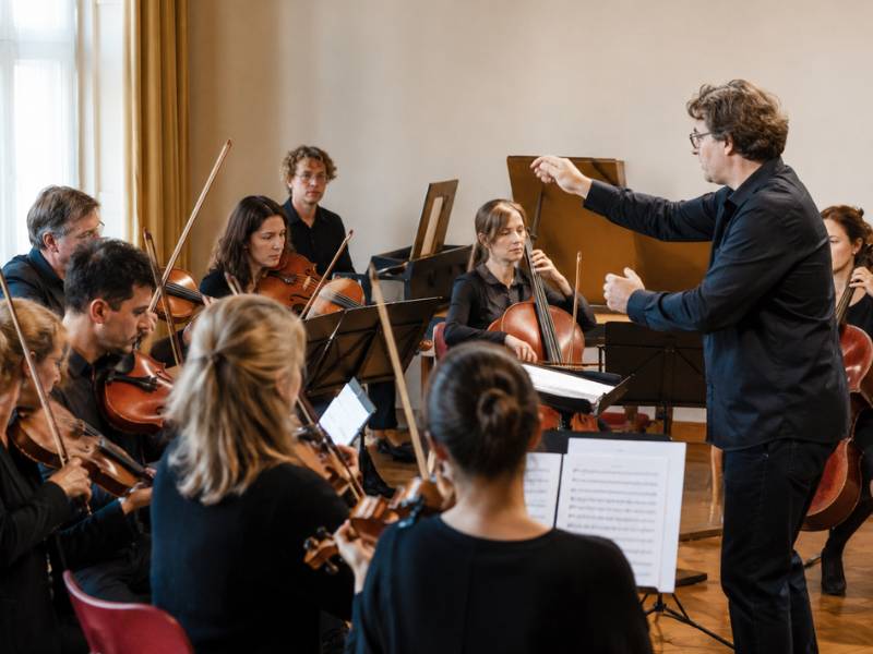 Ein Kammerorchester mit Dirigent als Bild für Vielfalt, gemeinsames Zuhören und gesellschaftlichen Zusammenhalt.